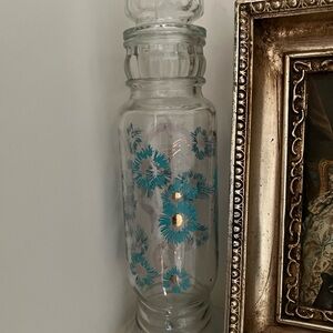Clear Glass Bottle with Teal Floral Motif